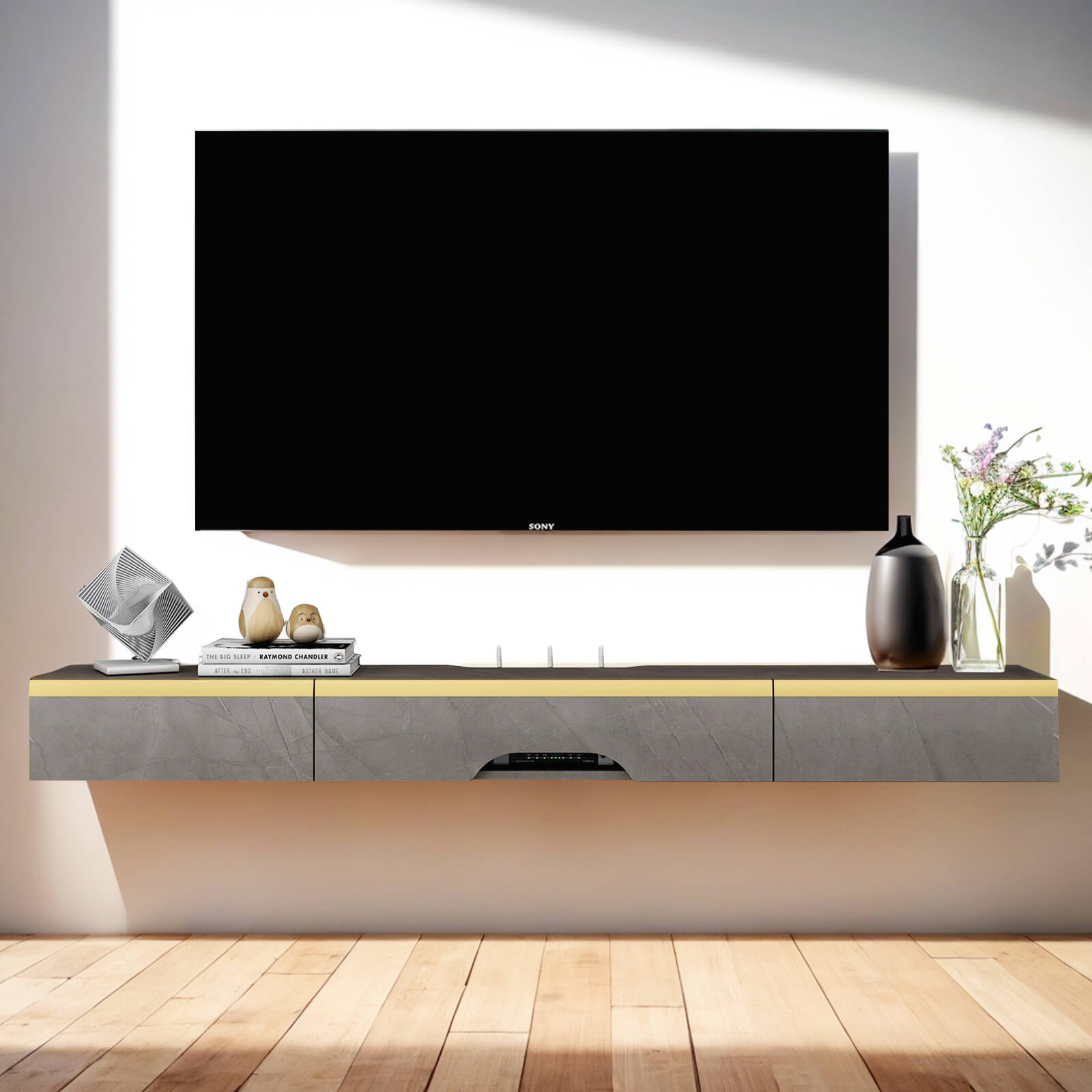 Dark Grey Plywood Modern Wall Mounted Floating TV Console with Door and Drawer #color_pietra grey