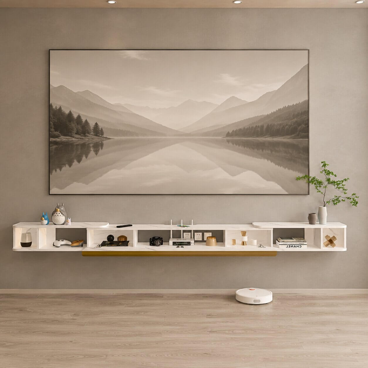 87"- 122" Retracto Floating TV Stand, Marble White