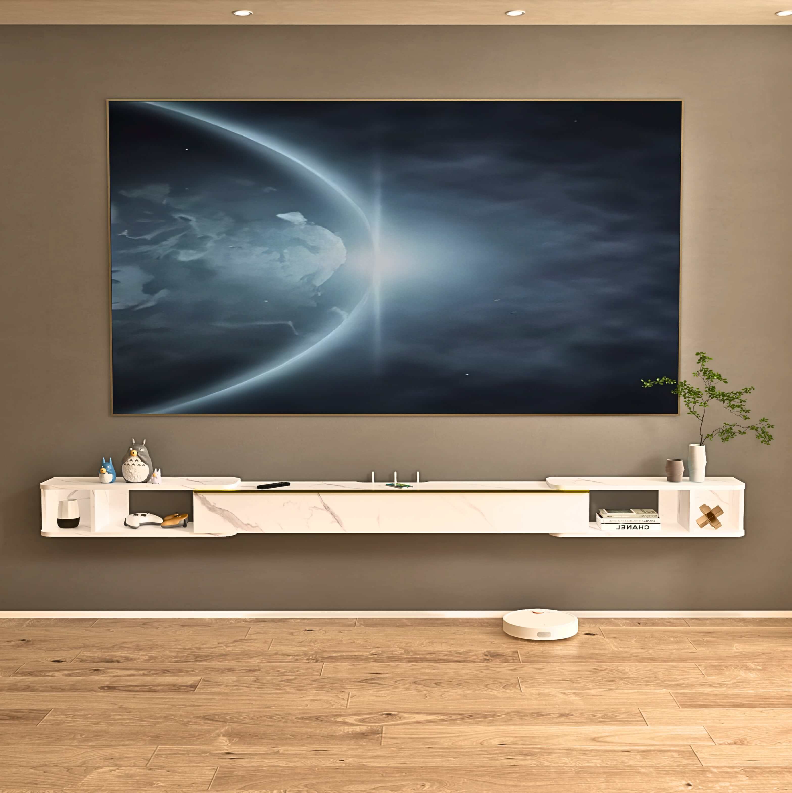 Retractable Modern Wood Floating TV Stand, Marble White with Golden Accent
