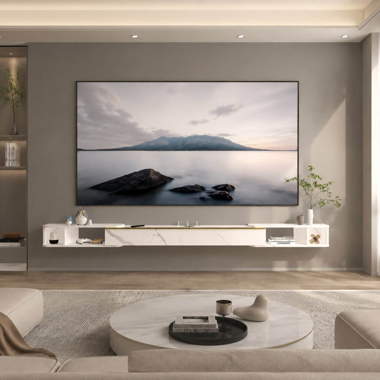 87"- 122" Retracto Floating TV Stand, Marble White