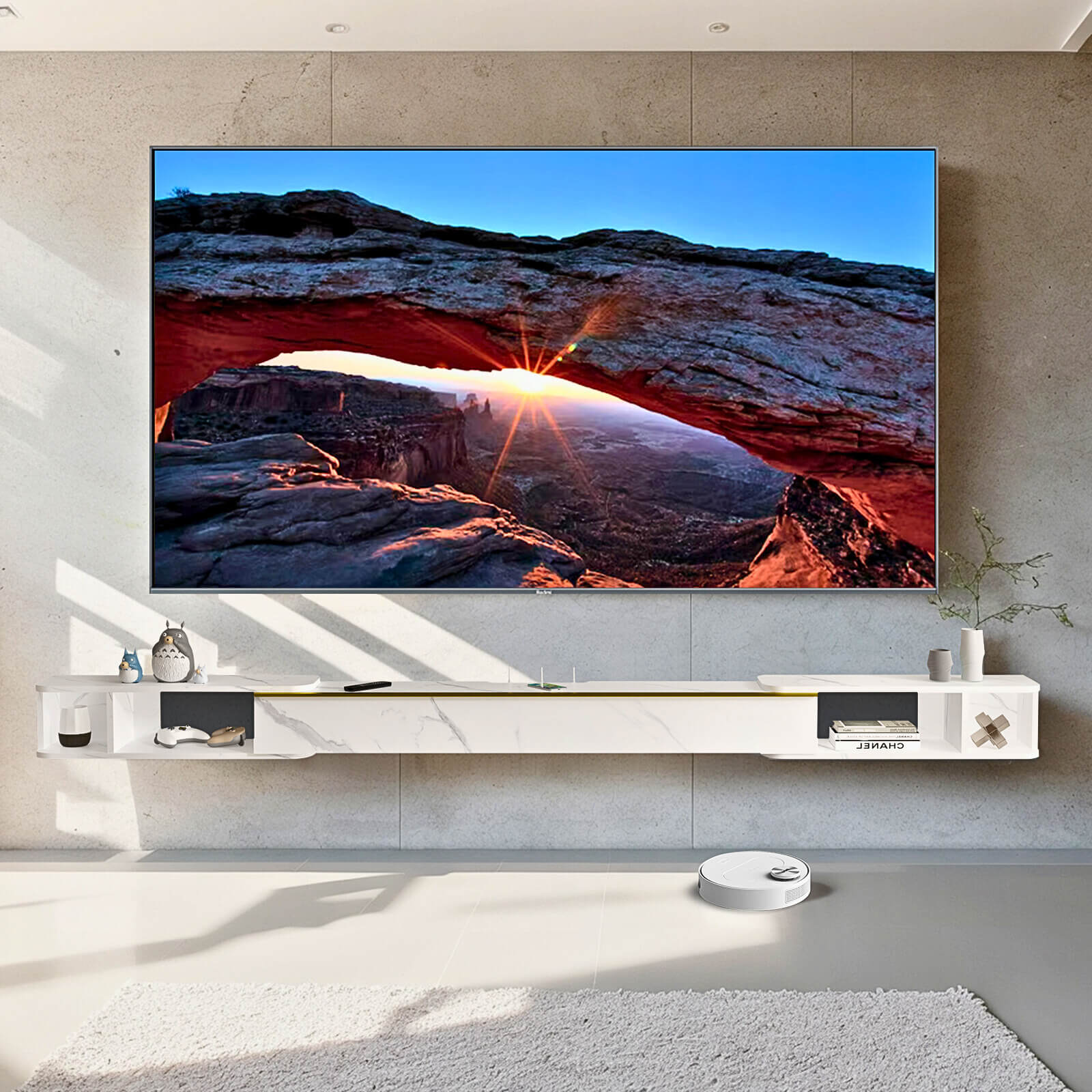 87"- 122" Retracto Floating TV Stand, Marble White