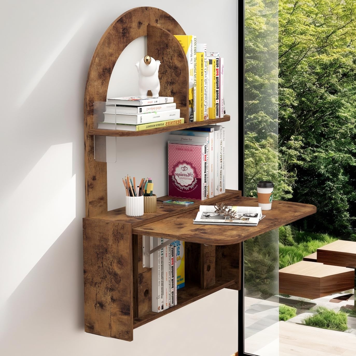 Rustic Arch Wall-Mounted Bookshelf & Fold Down Desk – Farmhouse Floating Shelf with Storage