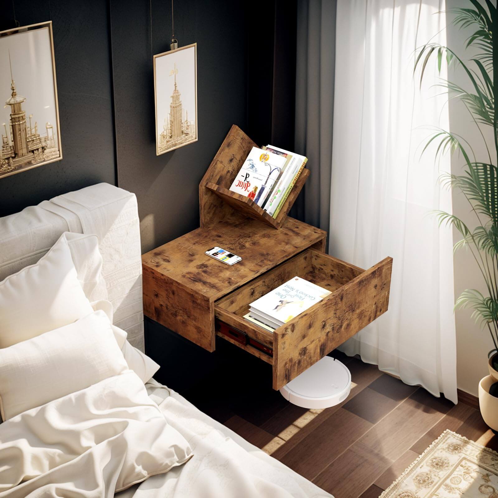 Rustic Brown Wooden Farmhouse Floating Nightstand with Storage Drawer & Open Shelf #style_right