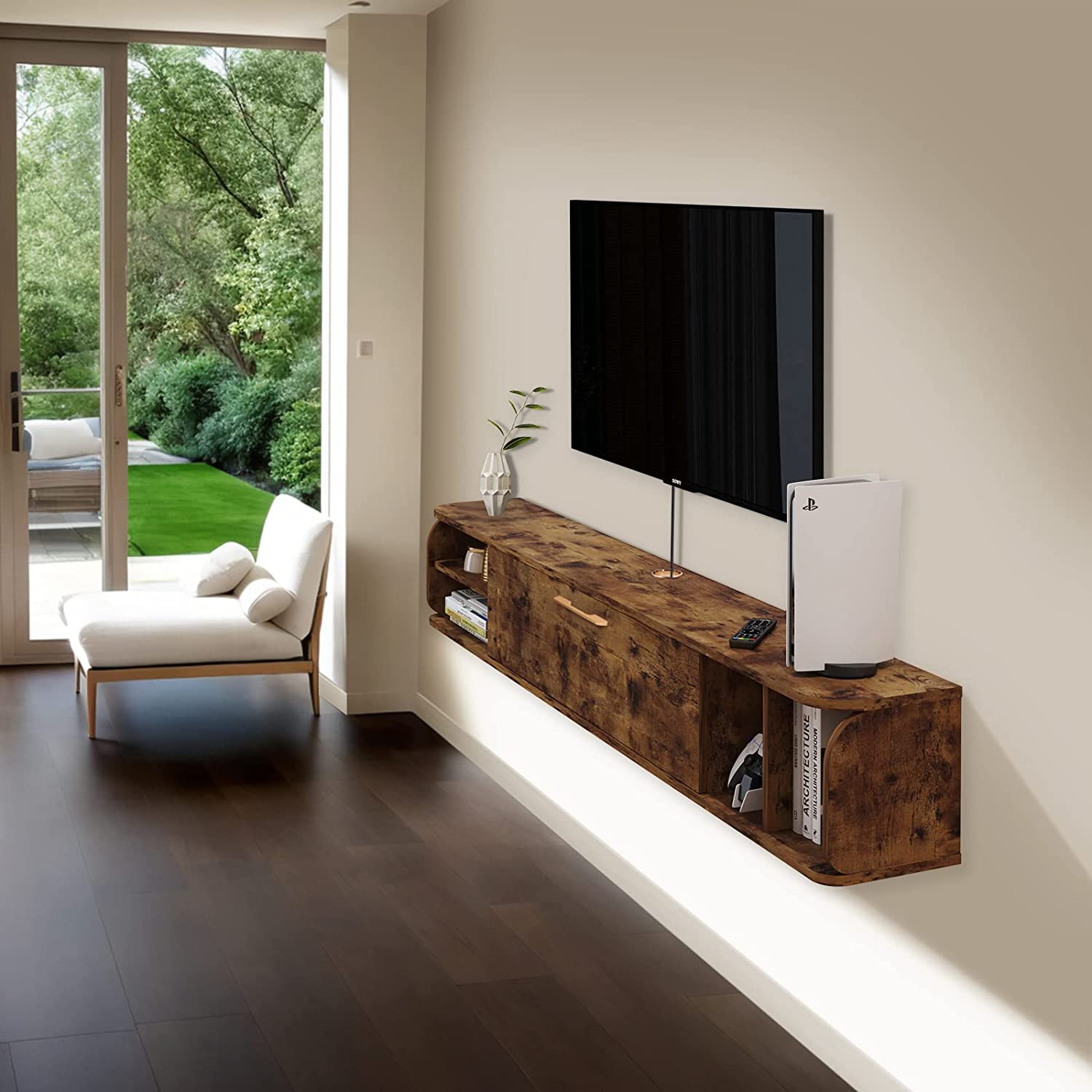 Floating TV Console with Golden Handle and Flip-down Door #color_rustic brown