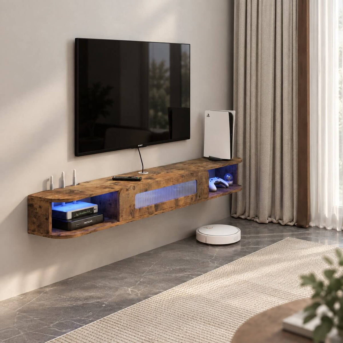 82" Eclaire Floating TV Stand, Rustic Brown