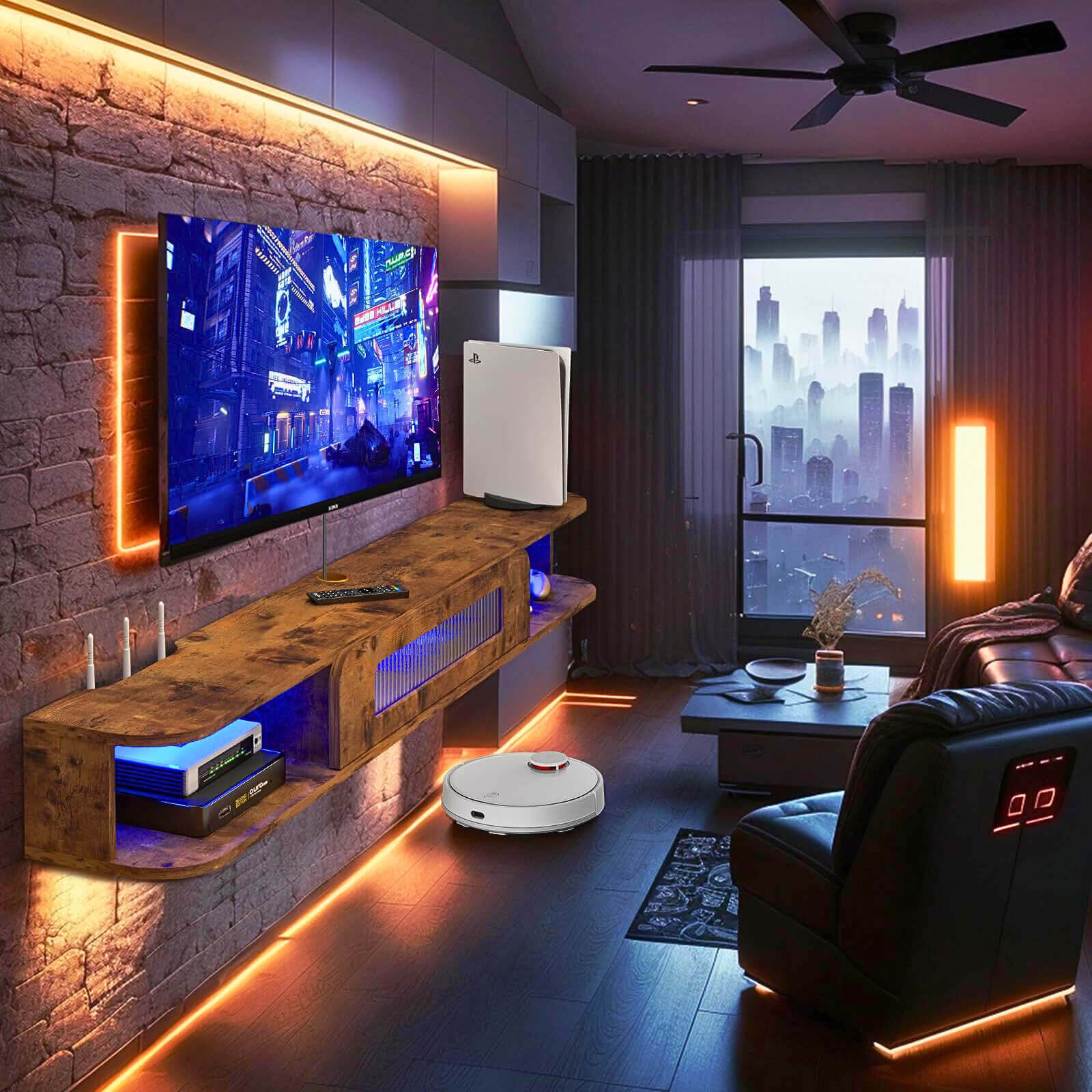 Custom Wood Floating TV Stand Wall Shelf with LED Lights and Glass Door