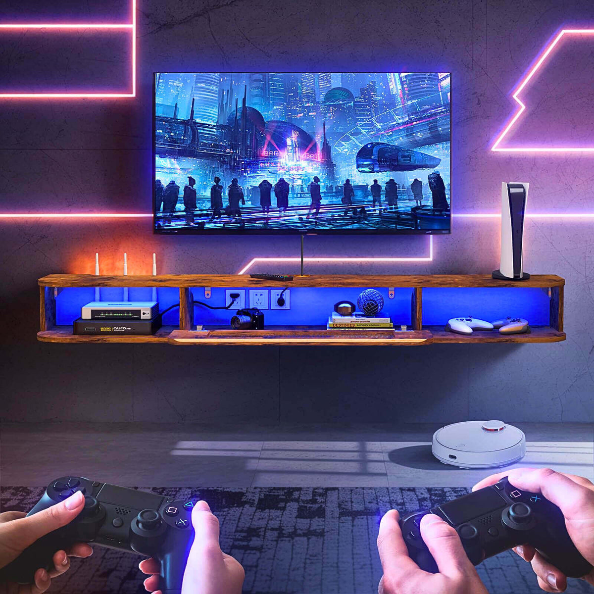 Rustic Brown Wood Floating TV Shelf for 50" with LED Lights and Glass Door