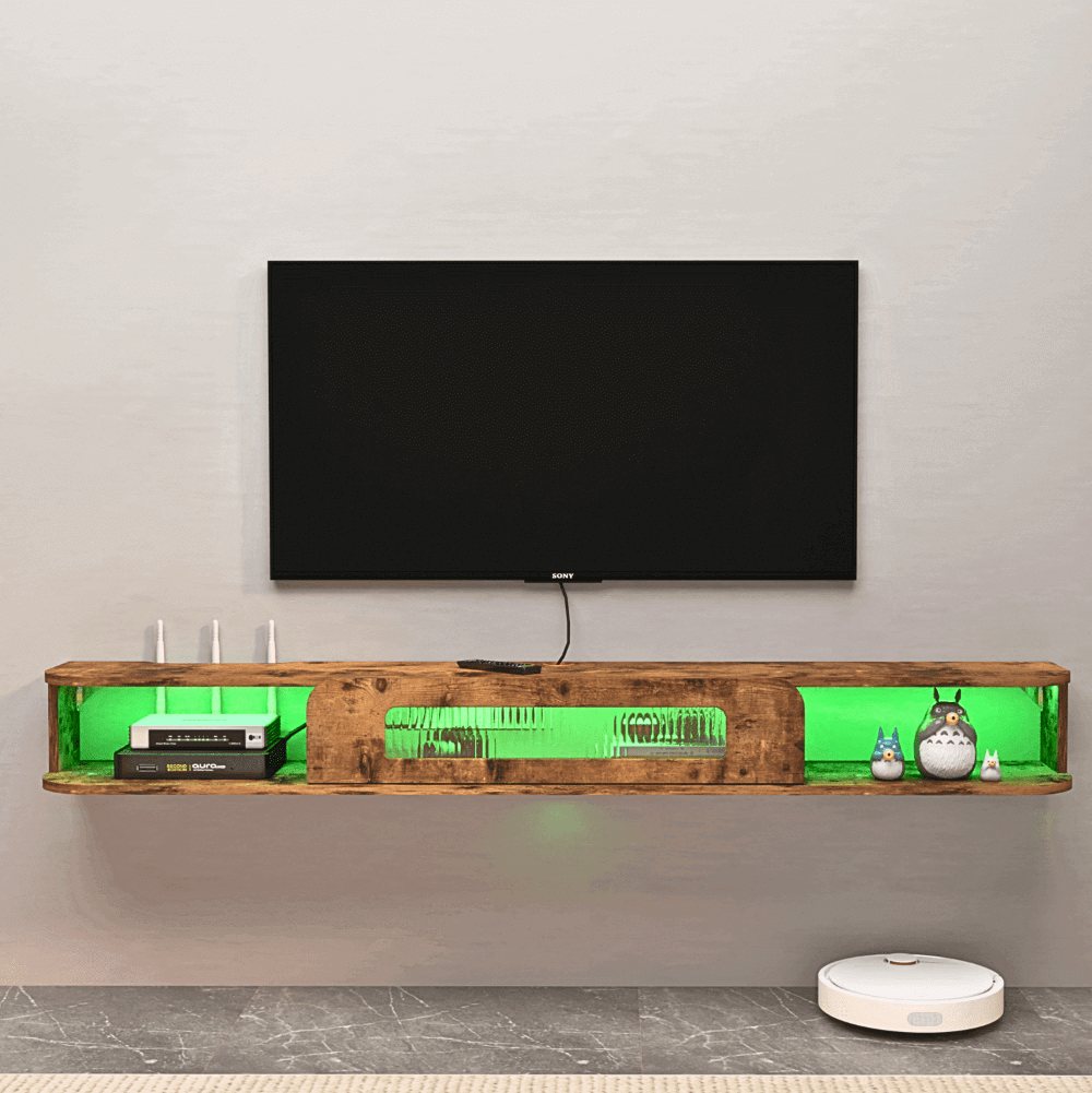 82.6" Rustic Brown Wood Floating TV Stand Wall Shelf with LED Lights and Glass Door for up to 85" TVs