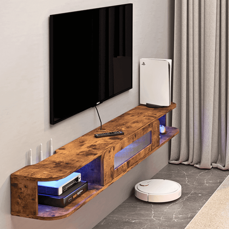 Rustic Brown Wood Floating TV Shelf for 75" with LED Lights and Glass Door