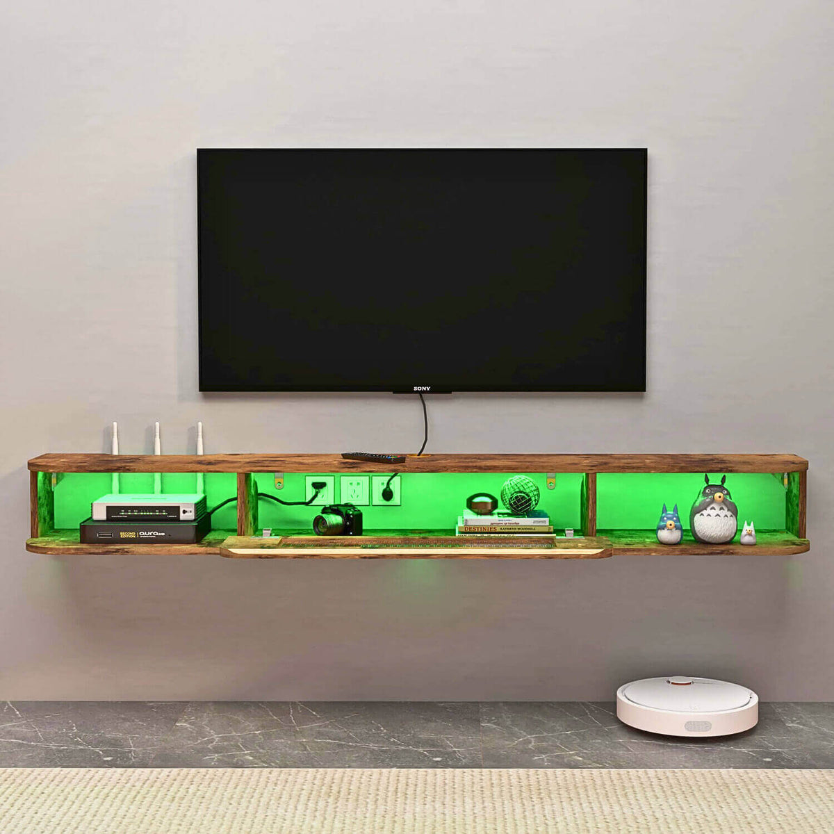 Rustic Brown Wood Floating TV Shelf for 75" with LED Lights and Glass Door