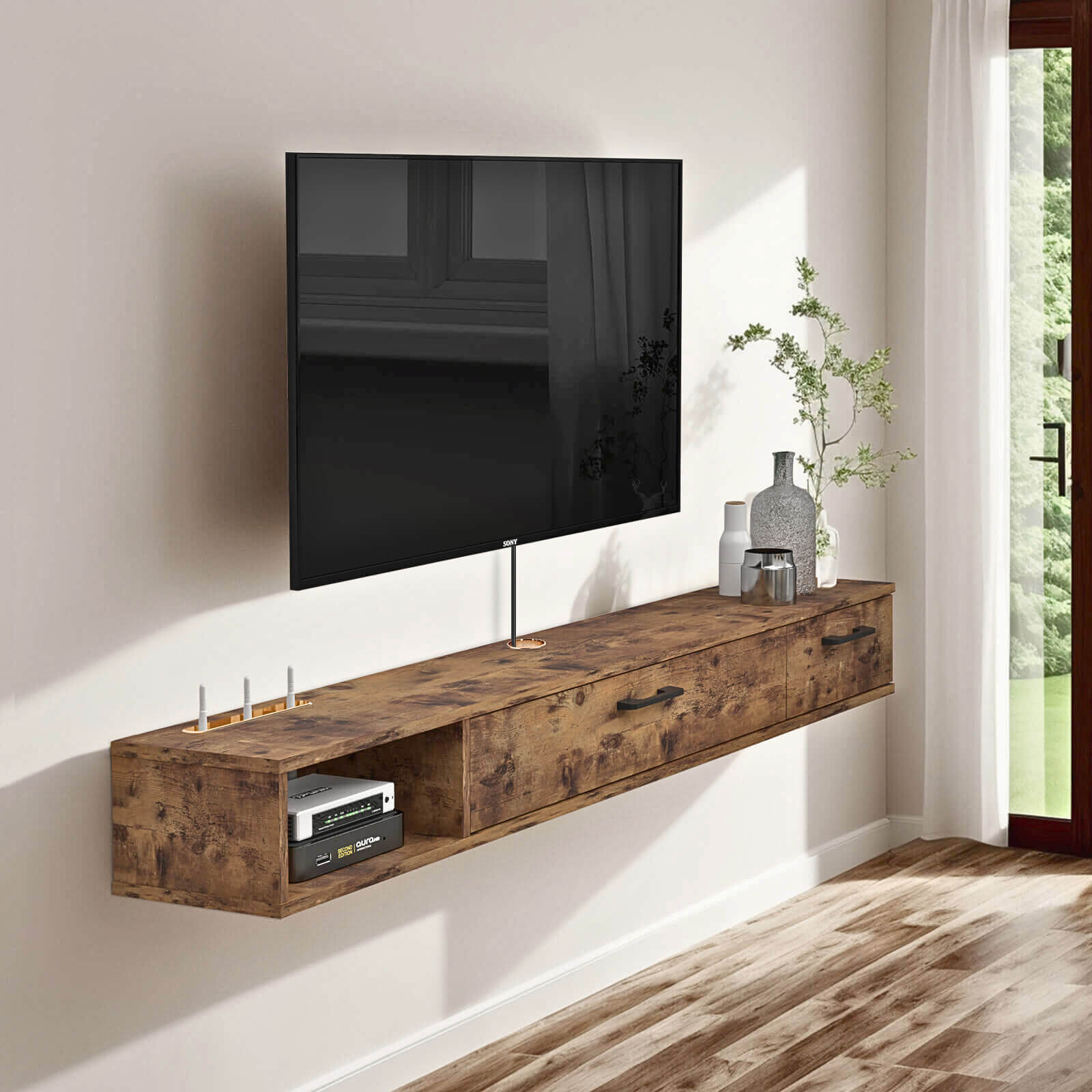 66.92" Rustic Brown Floating TV Stand with Two-Door Cabinets for 70" 75" TVs