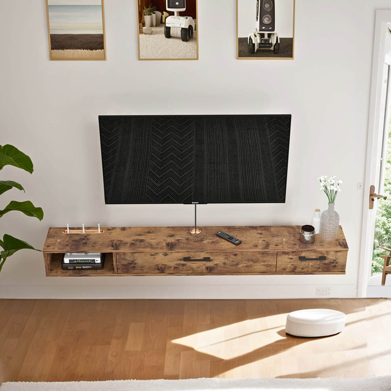 Rustic Brown Floating TV Stand with Two-Door Cabinets for 32"-50" TVs