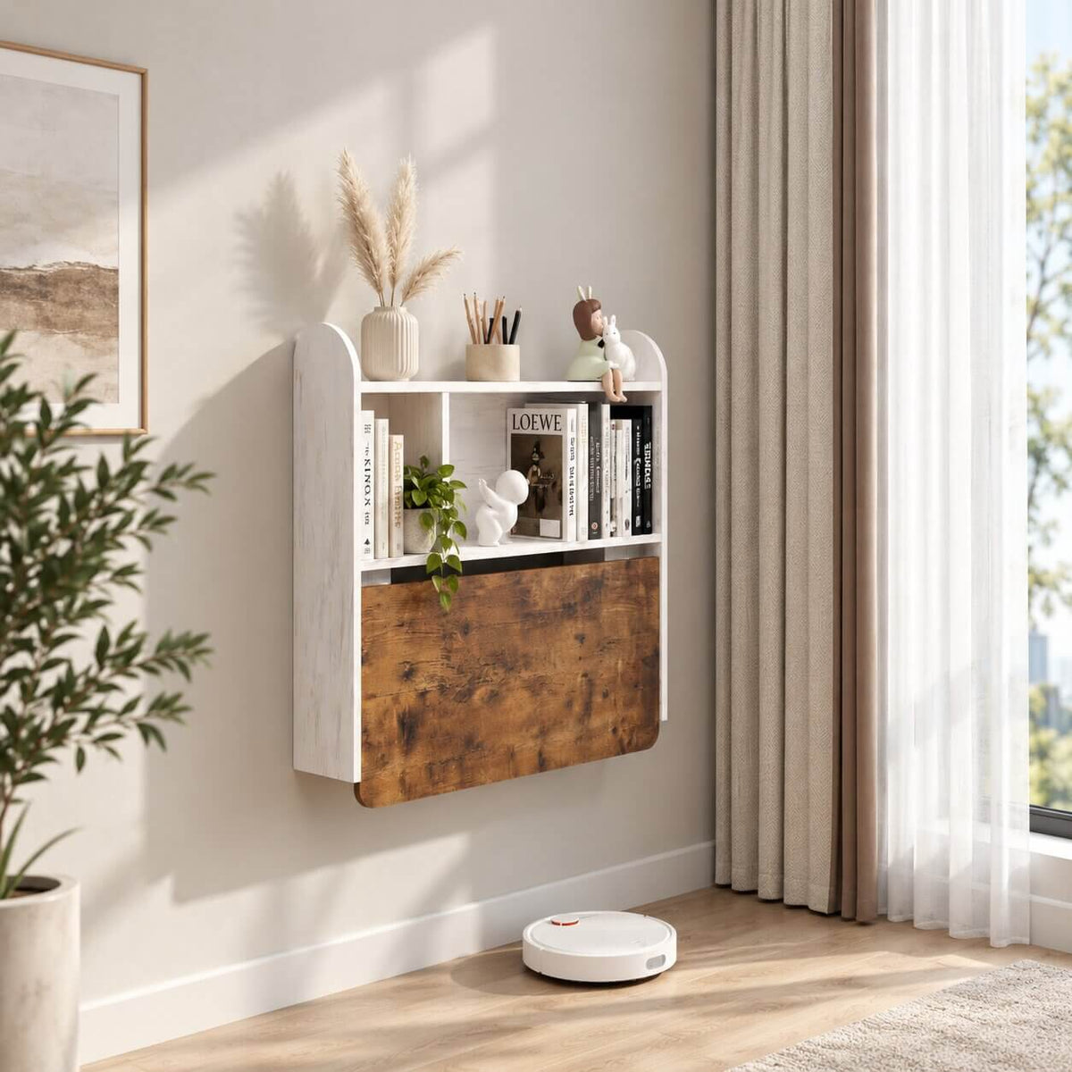 Rustic Brown Wood Wall Mounted Fold Down Desk with Storage Shelf, 33.07"W 31.7"H