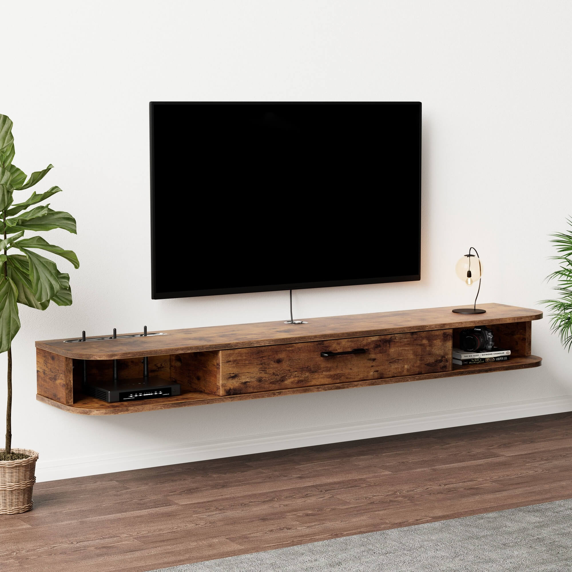 Thin Plywood Floating TV Stand for 65 70 inch TV 5.2 ft Minimalist Wall Mounted Shelf with Door Rustic Brown Farmhouse Small Hanging Media Console
