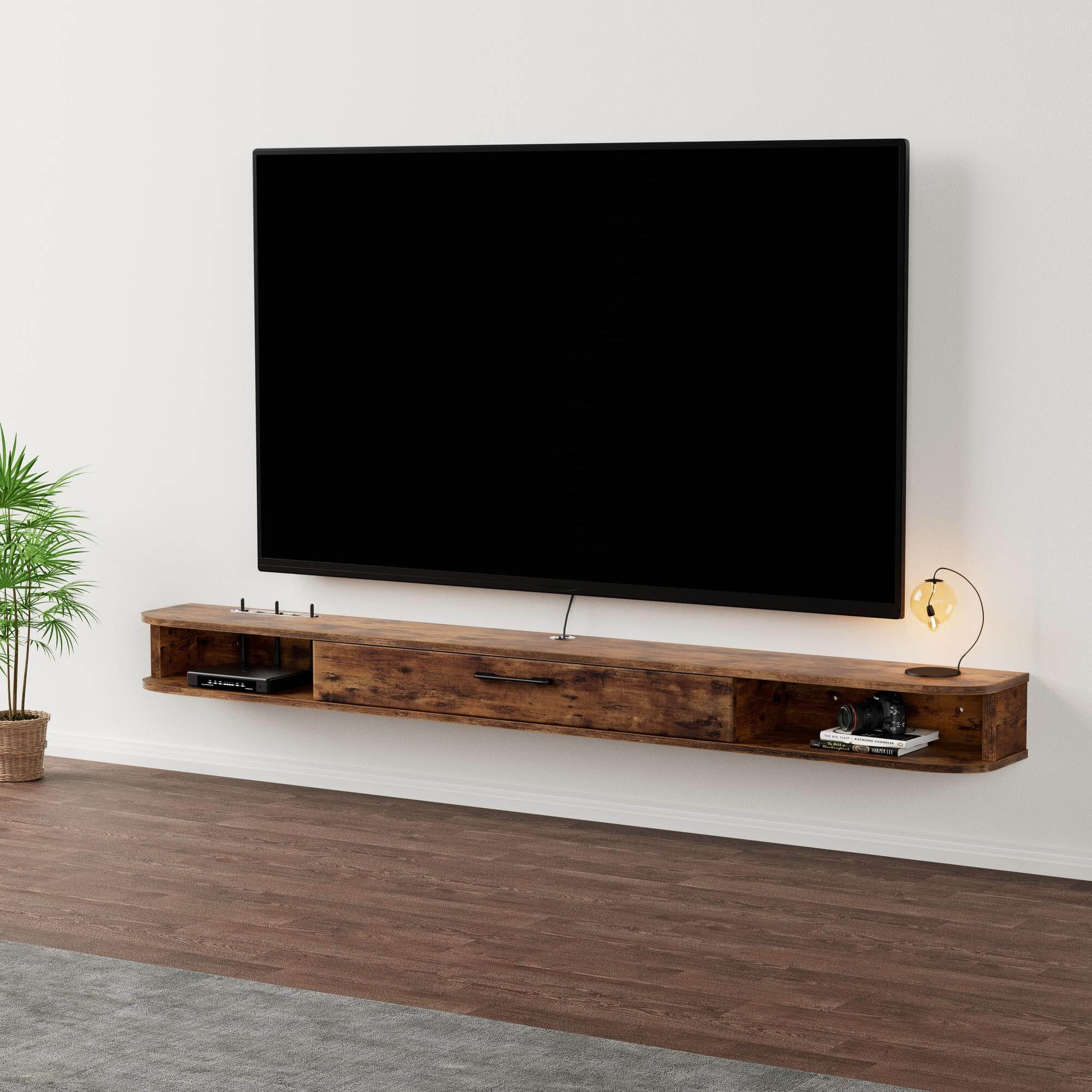 9.29”Deep Slim Floating Media Console for 75-85 Inch TVs, Minimalist Wall Hanging TV Stand for Large TVs, Dark Brown