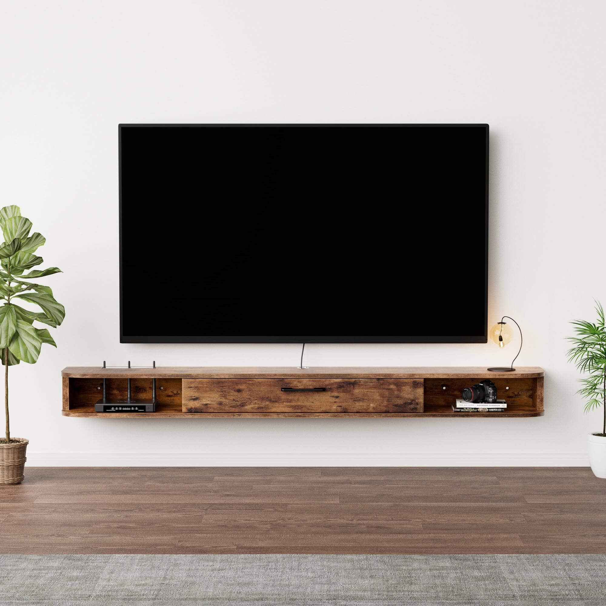 70.86"  Rustic Brown Plywood Slim Floating TV Stand Wall Shelf for 75" 80" TV