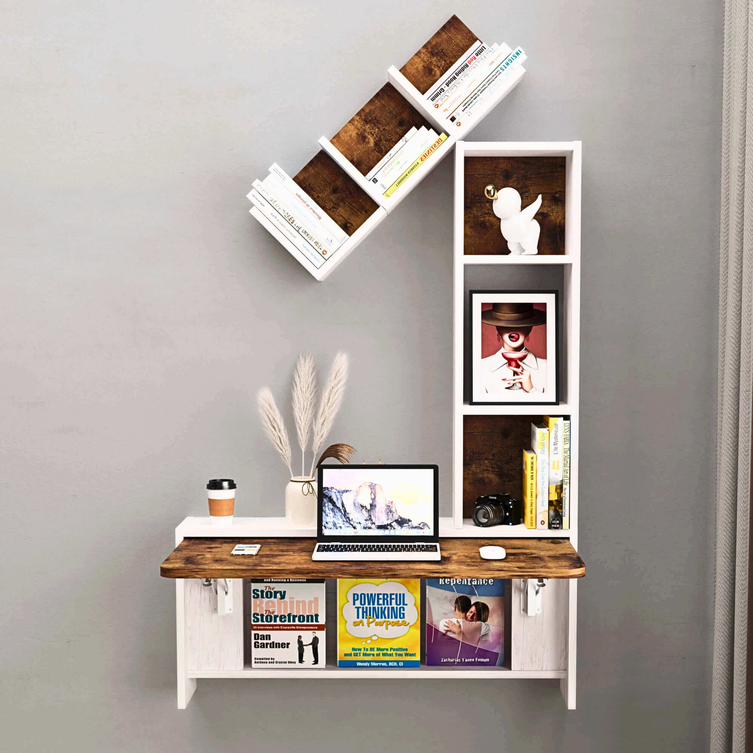 Rustic Brown Wall Mounted Fold Down Desk with Free Matching Shelves