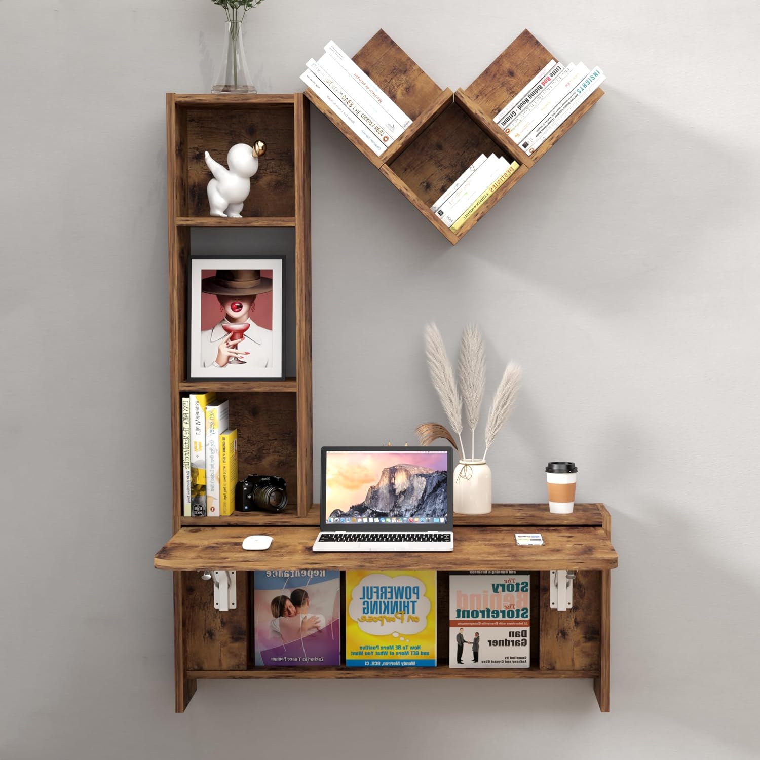 Rustic Brown Wall Mounted Fold Down Desk with Free Matching Shelves
