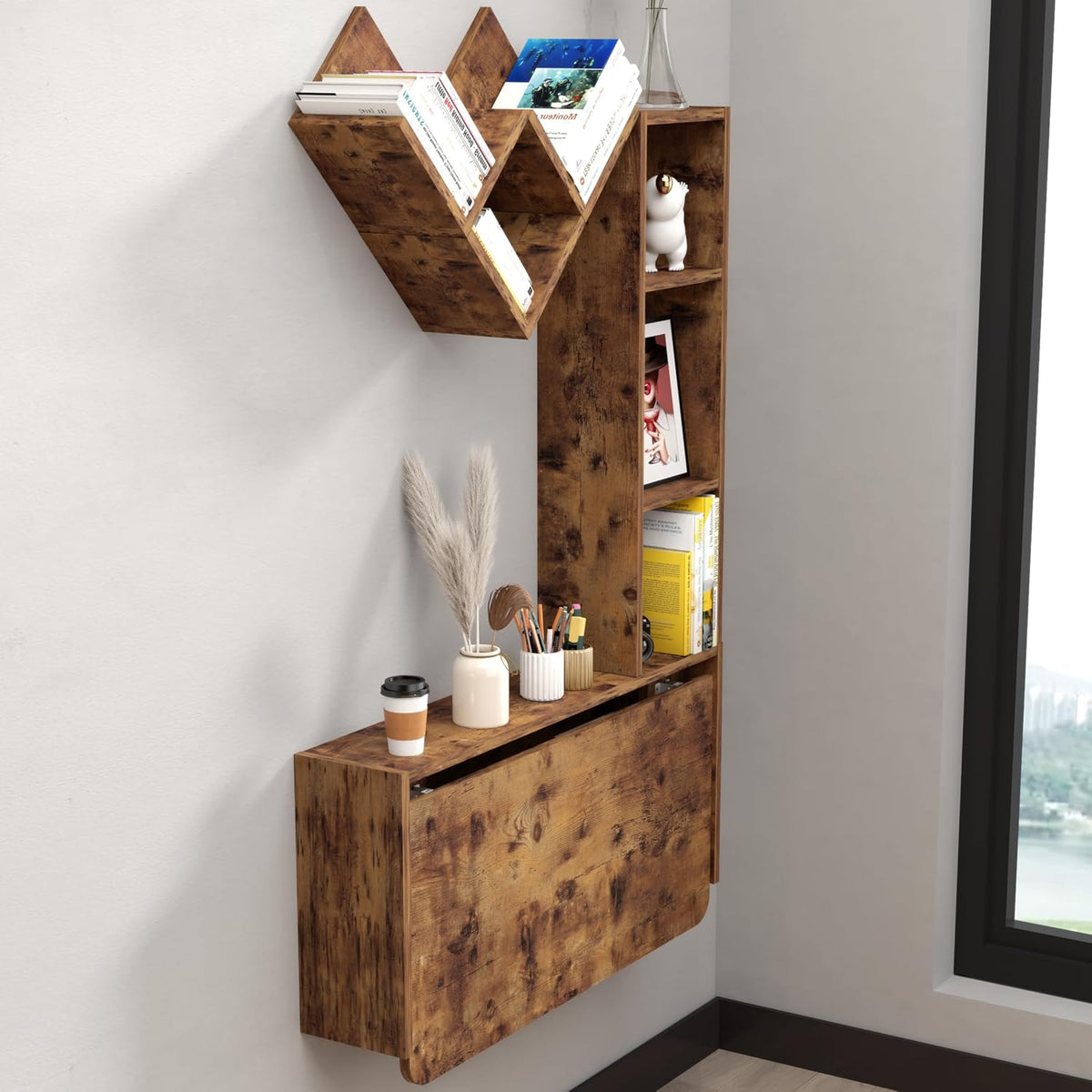 Rustic Brown Wall Mounted Fold Down Desk with Free Matching Bookshelves