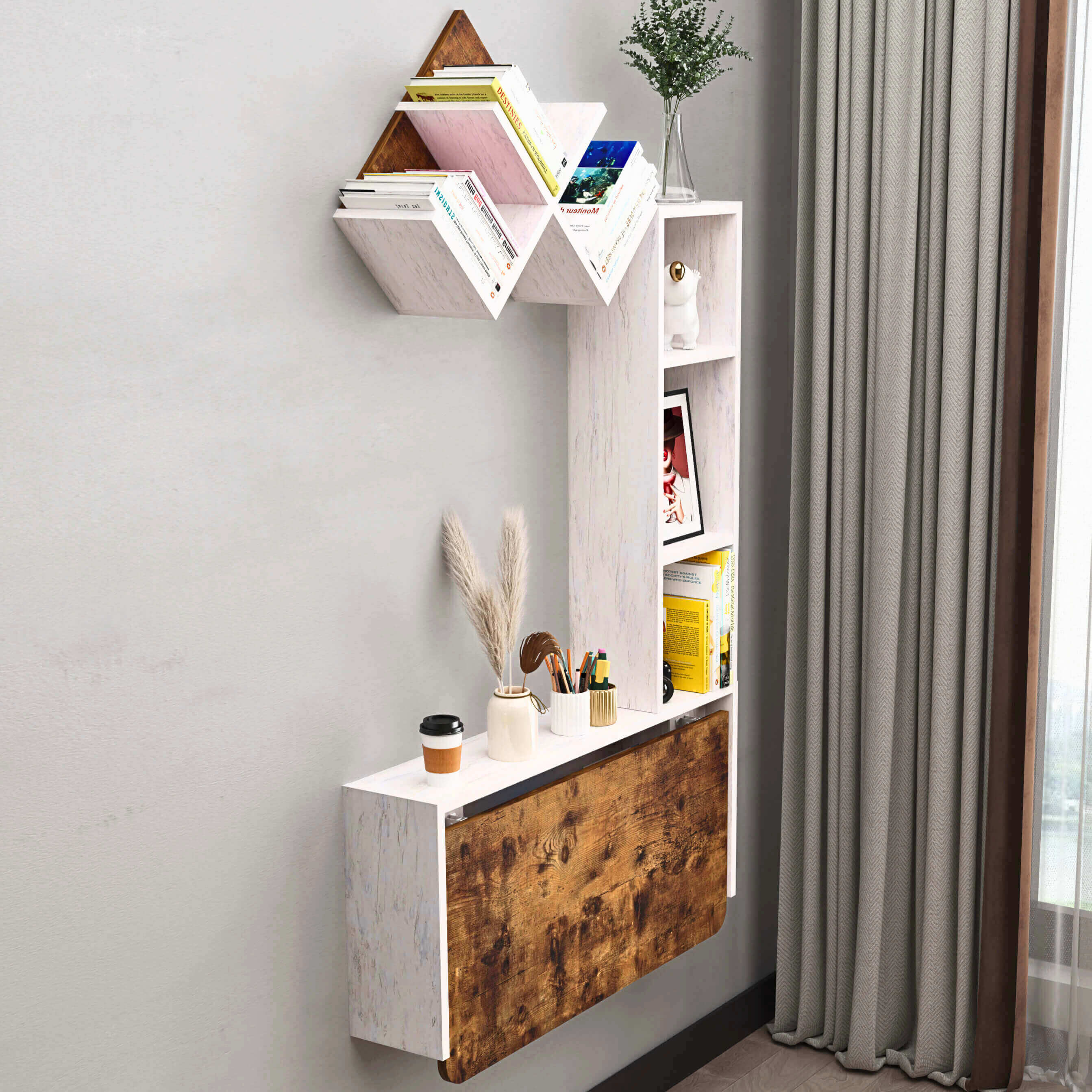 Rustic Brown Wall Mounted Fold Down Desk with Free Matching Shelves