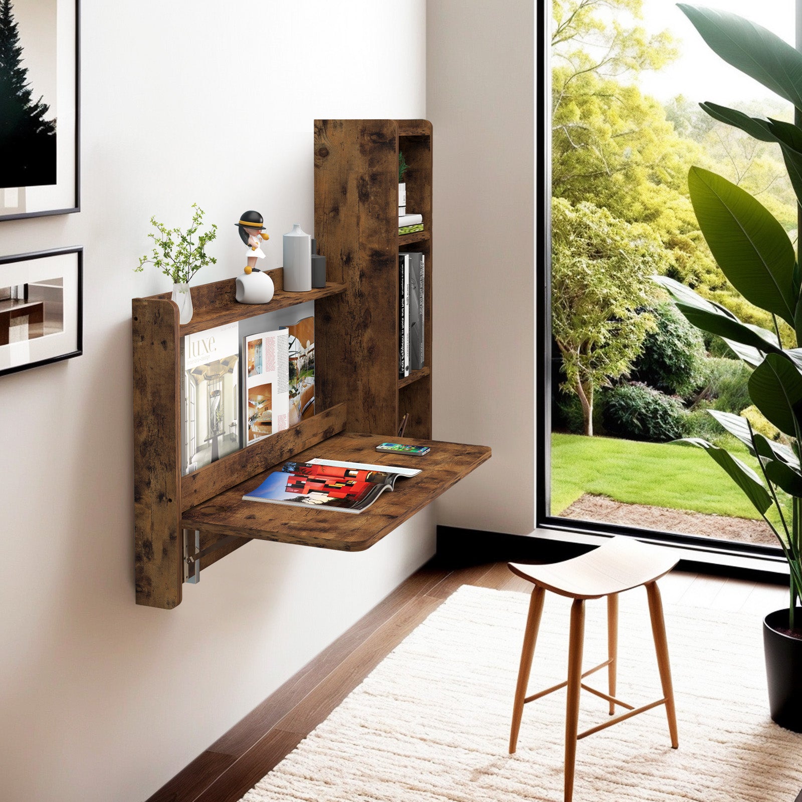 Rustic Brown Plywood Floating Fold Down Wall Desk With Storage Shelf #shelf_right