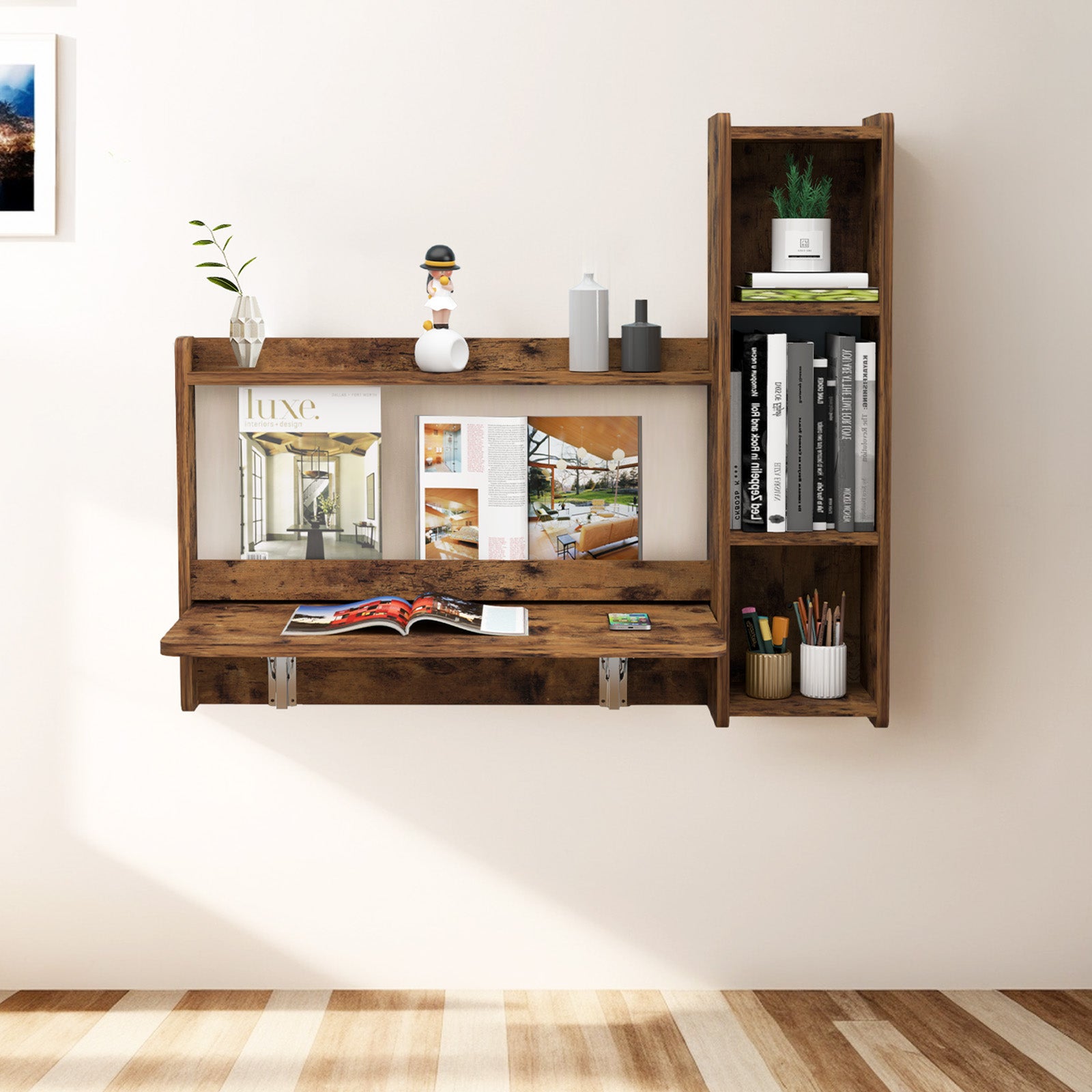 Rustic Brown Plywood Floating Fold Down Wall Desk With Storage Shelf #shelf_right