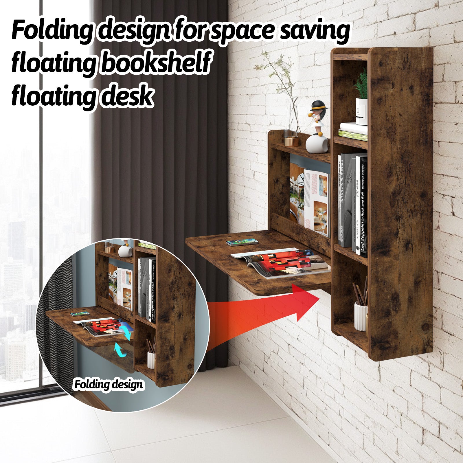 Rustic Brown Plywood Floating Fold Down Wall Desk With Storage Shelf #shelf_right