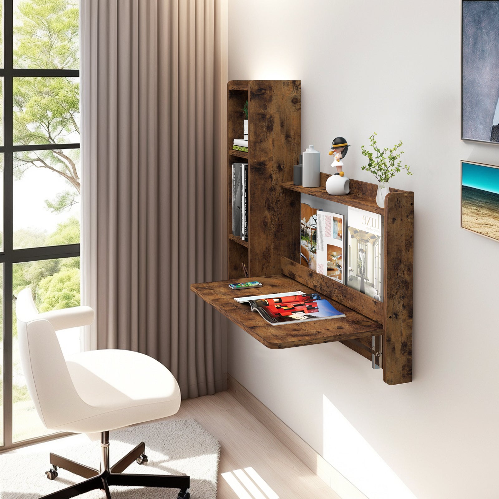 Rustic Brown Plywood Floating Fold Down Wall Desk With Storage Shelf #shelf_left