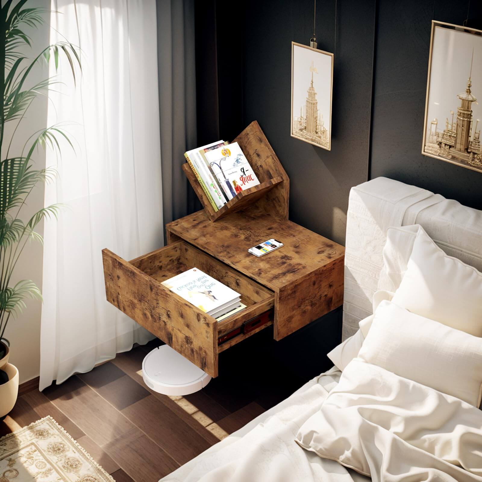 Rustic Brown Wooden Farmhouse Floating Nightstand with Storage Drawer & Open Shelf #style_left