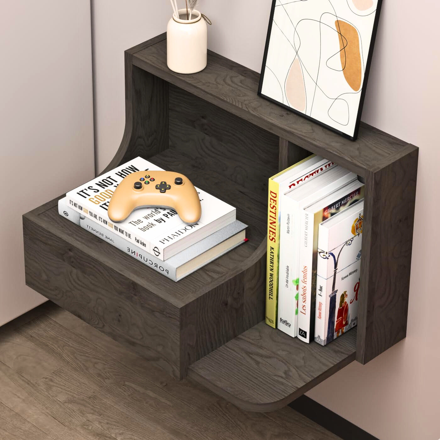 Rustic Grey Wood Floating Nightstand Bedside Table with Drawer & Shelf #style_left