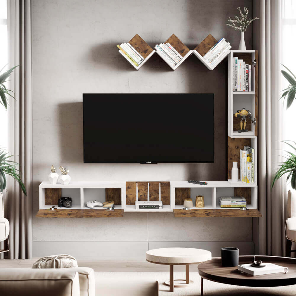 Rustic Brown Wood Above TV Shelf for DIY Floating TV Stand, Set of 3 V-shape Shelf