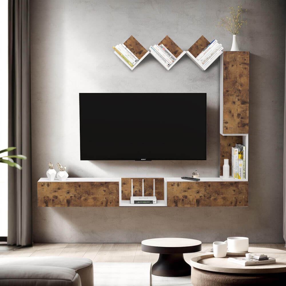 Rustic Brown Wood Above TV Shelf for DIY Floating TV Stand, Set of 3 V-shape Shelf