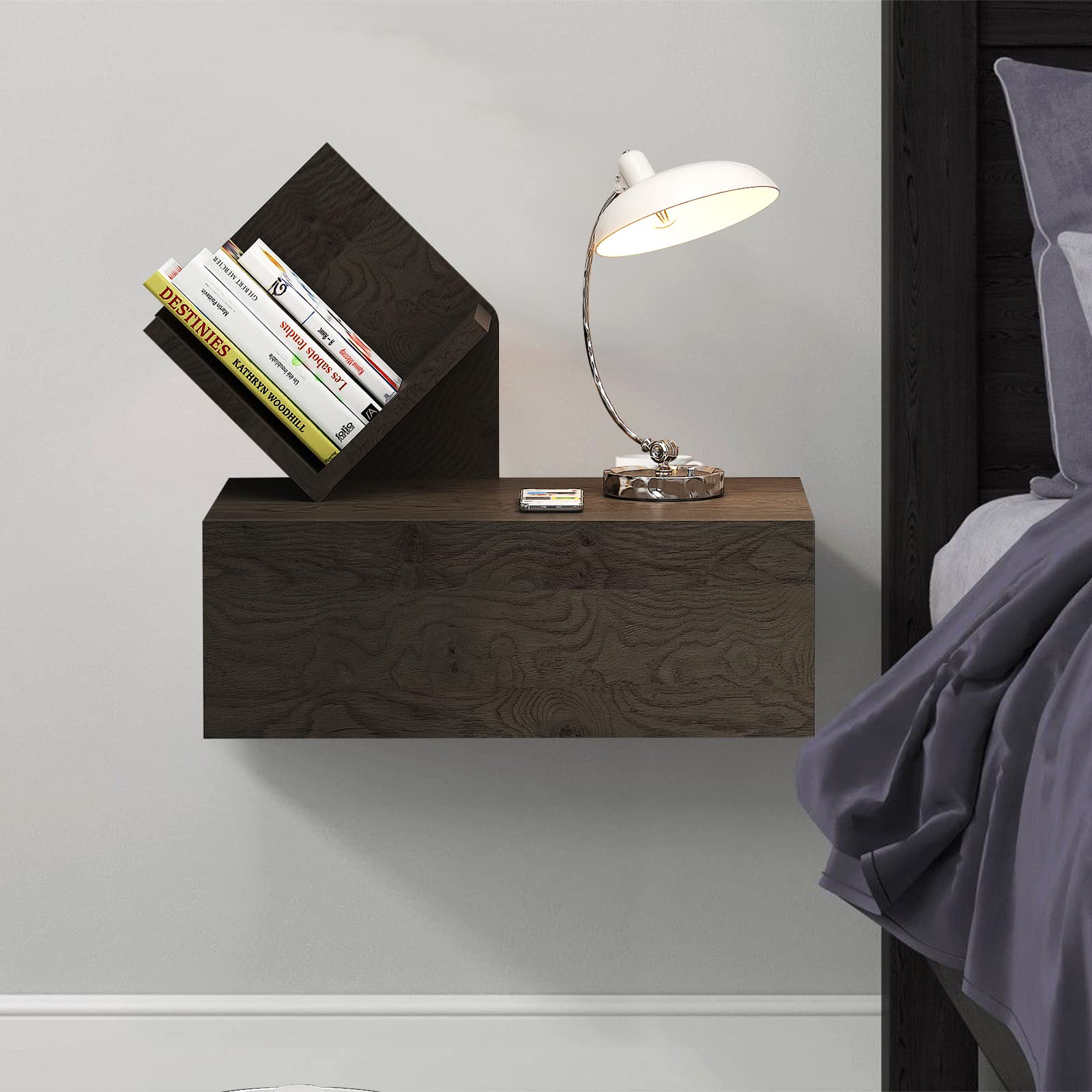 Rustic Wood Wall Mounted Floating Nightstand Small Bedside Tables #style_left