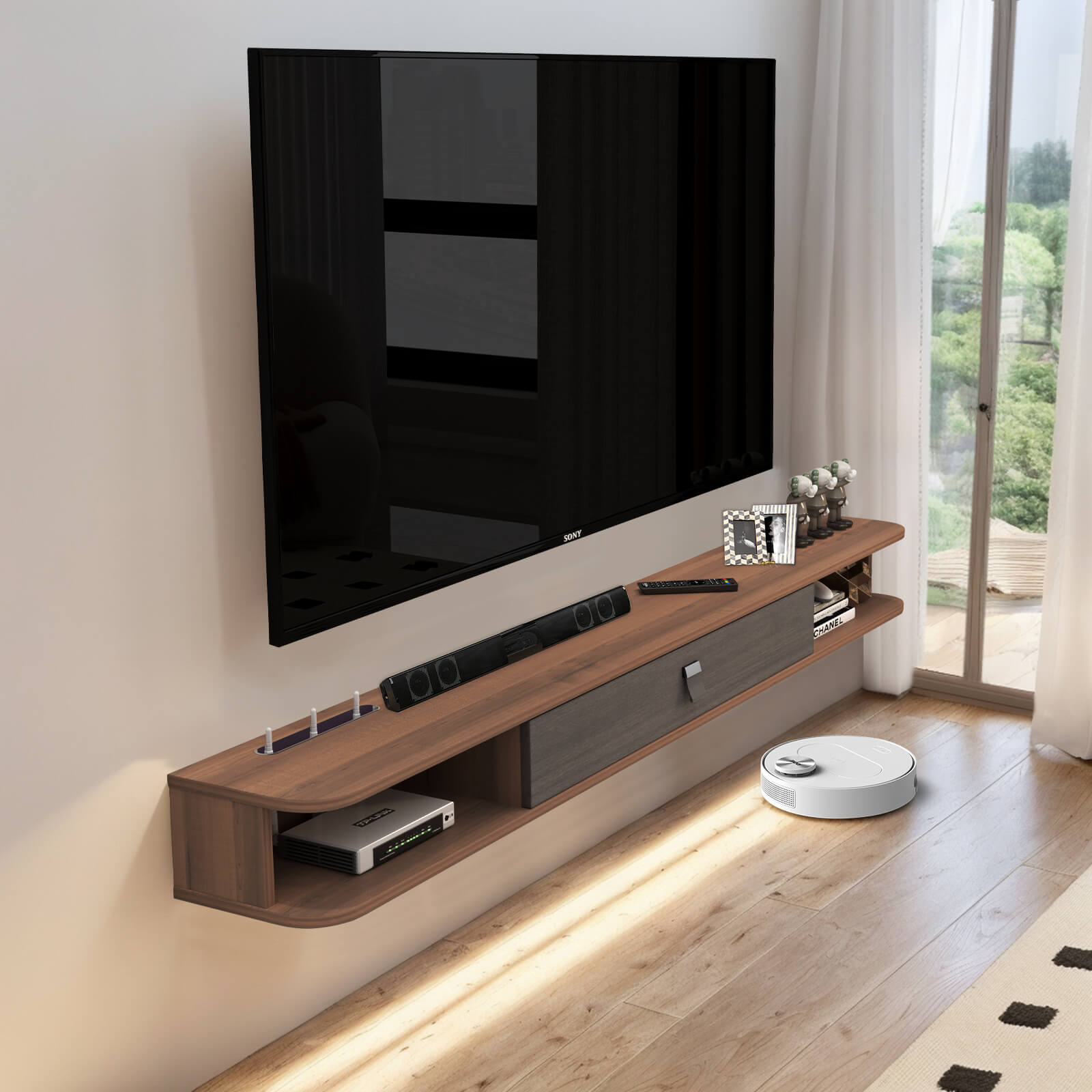 78.74" Walnut Plywood Slim Floating TV Stand Wall Shelf for 85" TV