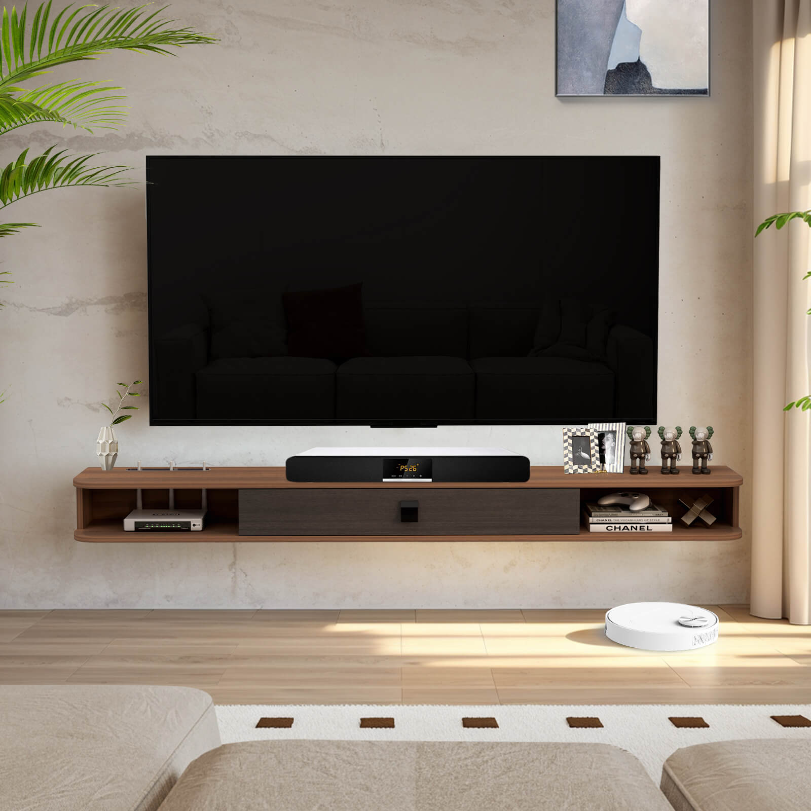 Floativa 9.26 Depth Walnut Plywood Slim Floating TV Stand Wall Shelf for 75 80 TV Narrow Minimalist Media Console 70.86 W x 9.29 D x 6.29 H