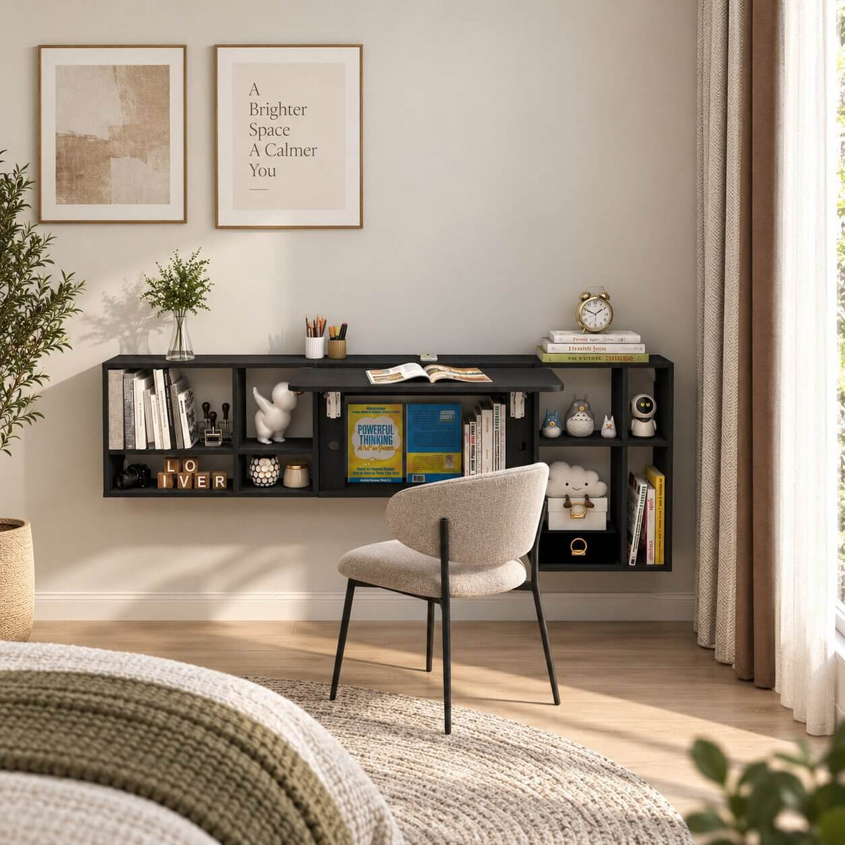 Black Three-piece Modular Wall Fold Down Desk Storage Shelving Bookcase