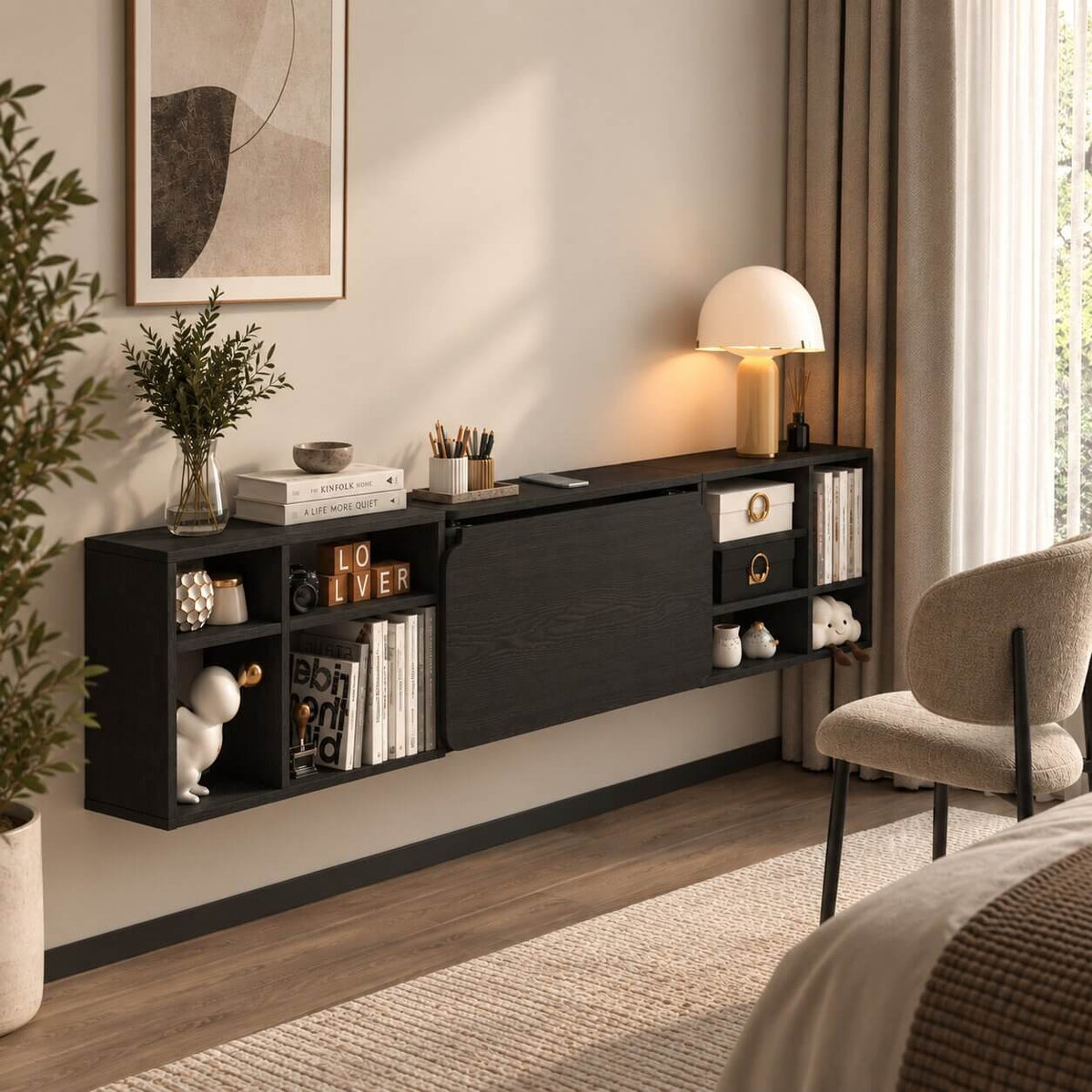 Black Three-piece Modular Wall Fold Down Desk Storage Shelving Bookcase