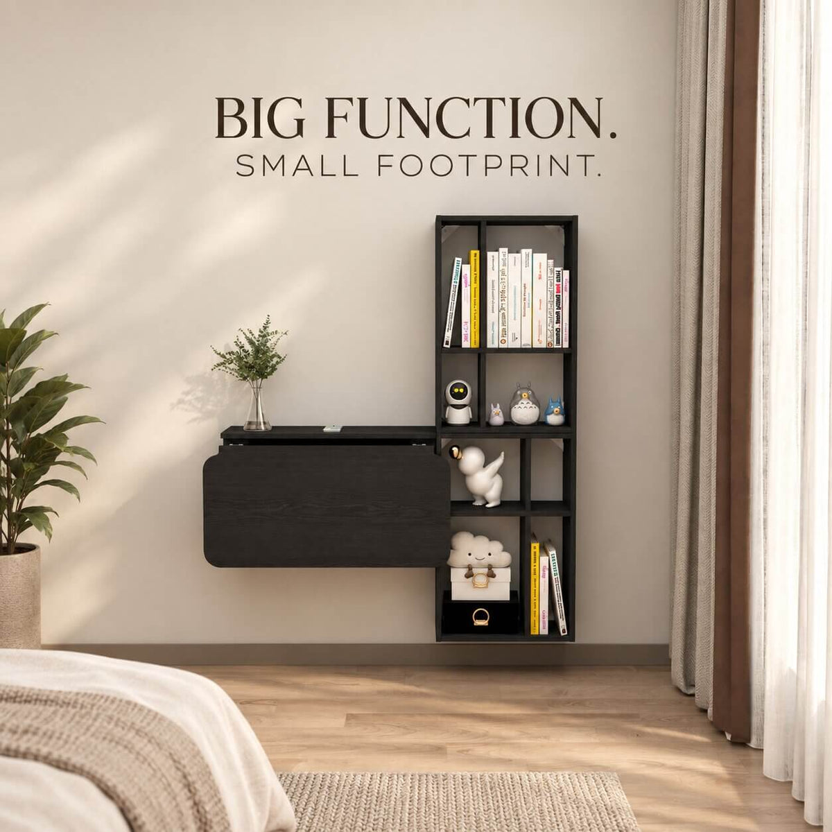 Black Three-piece Modular Wall Fold Down Desk Storage Shelving Bookcase