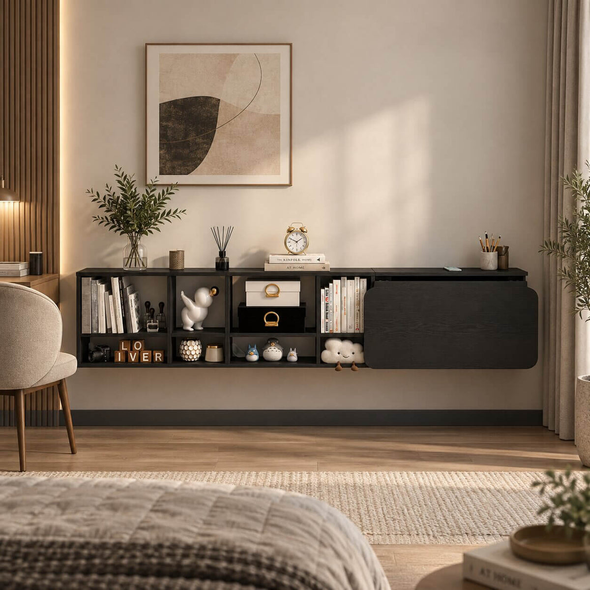 Black Three-piece Modular Wall Fold Down Desk Storage Shelving Bookcase