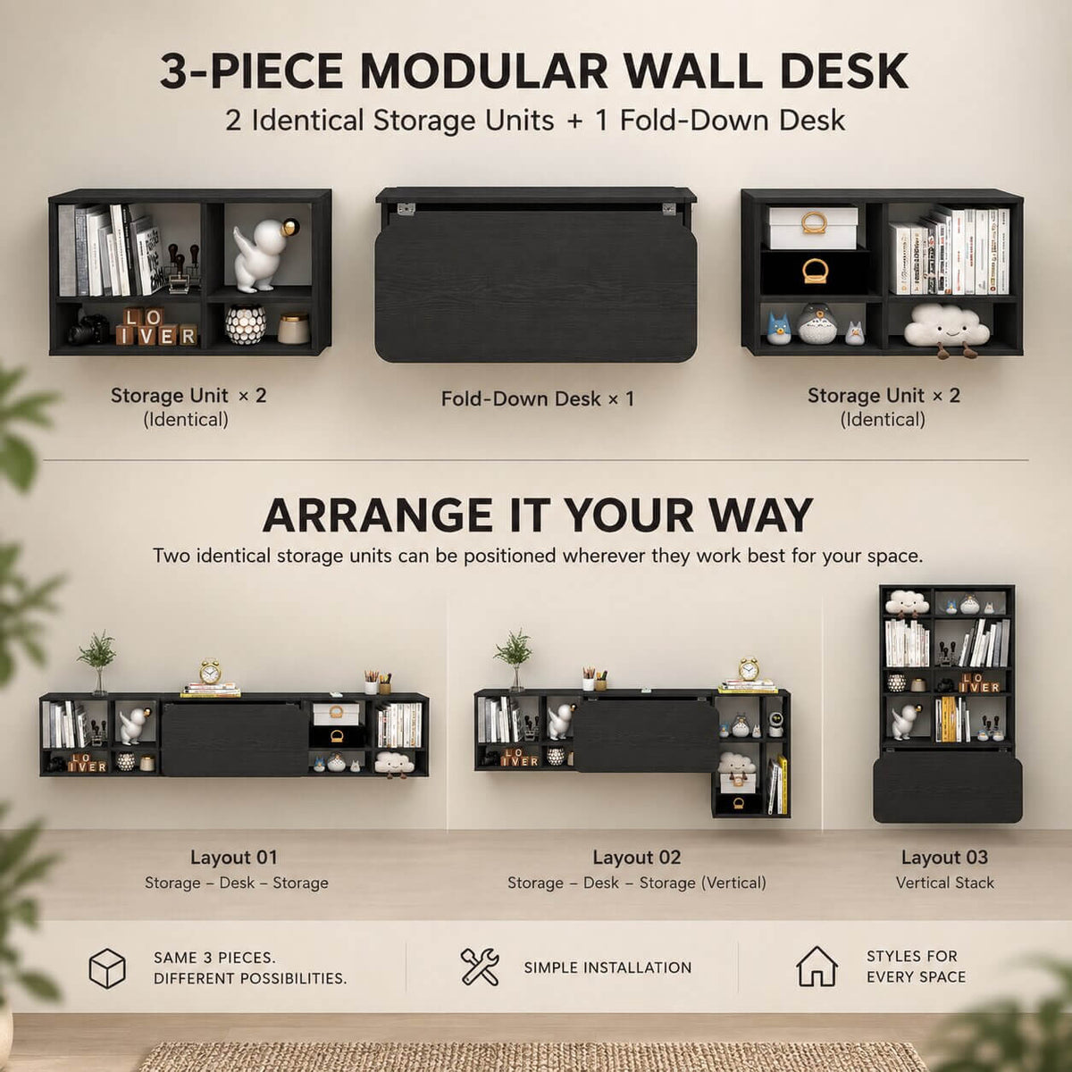Black Three-piece Modular Wall Fold Down Desk Storage Shelving Bookcase