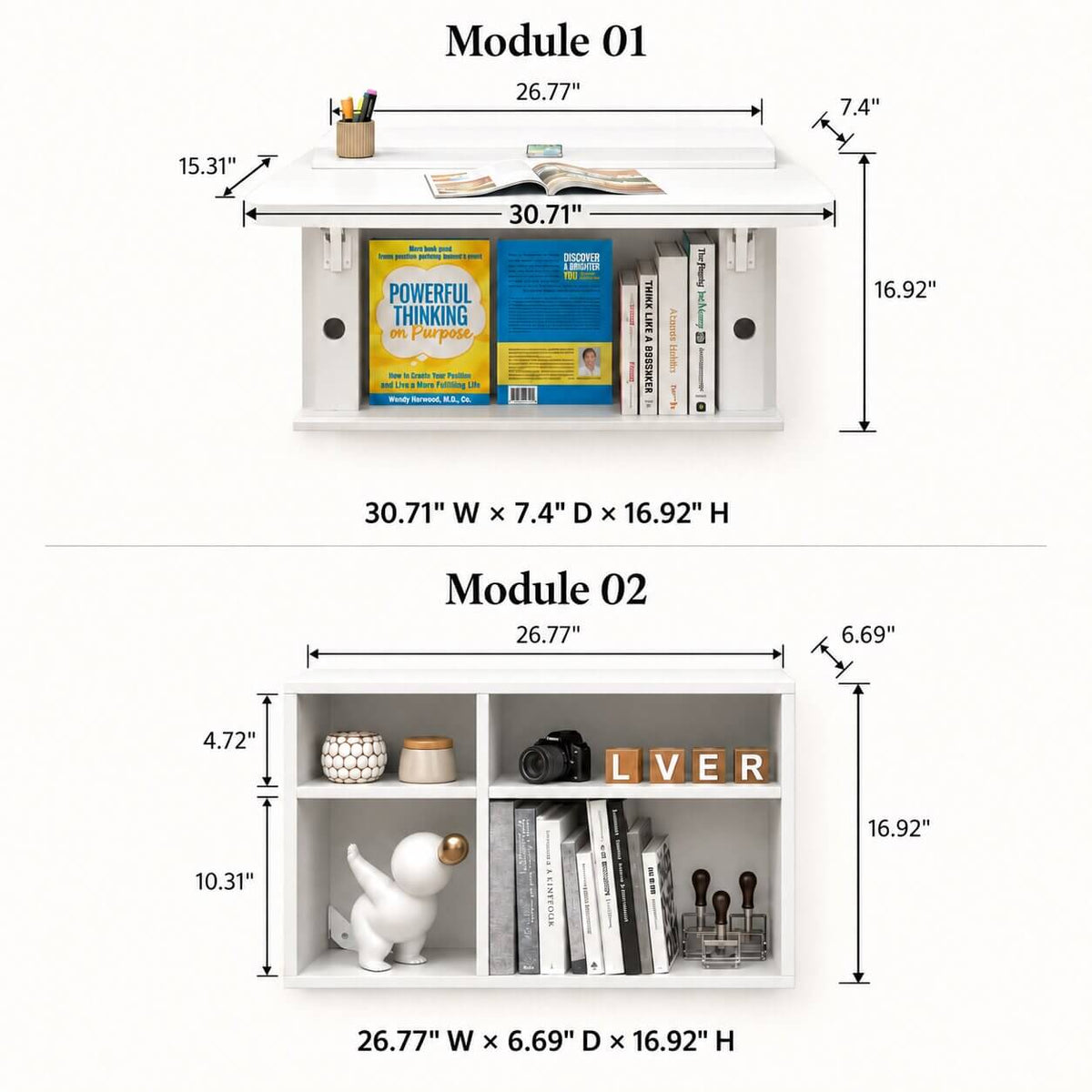 White Three-piece Modular Wall Fold Down Desk Storage Shelving