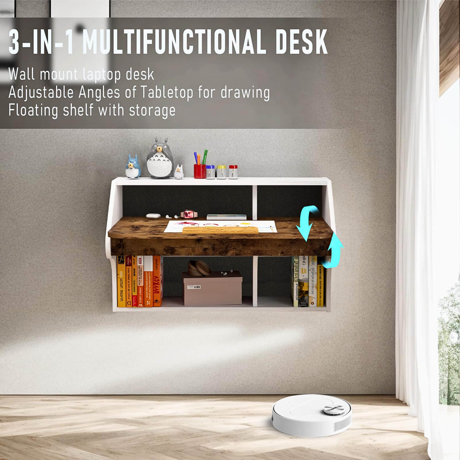 Wall-Mounted Adjustable Wooden Desk with 4-level Angles