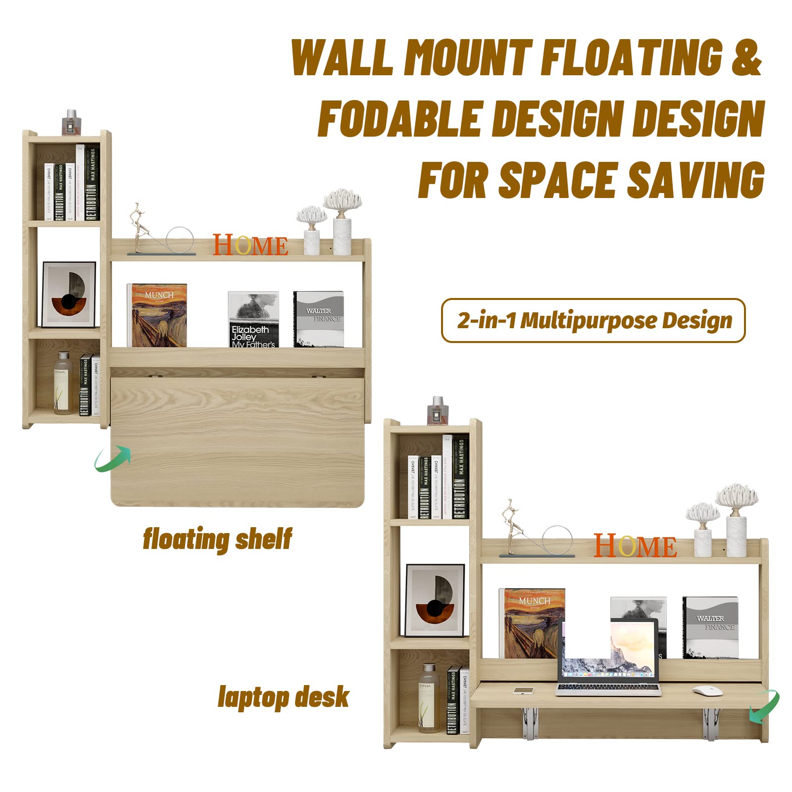 Light Oak Plywood Floating Fold Down Wall Desk With Storage Shelf #shelf_left
