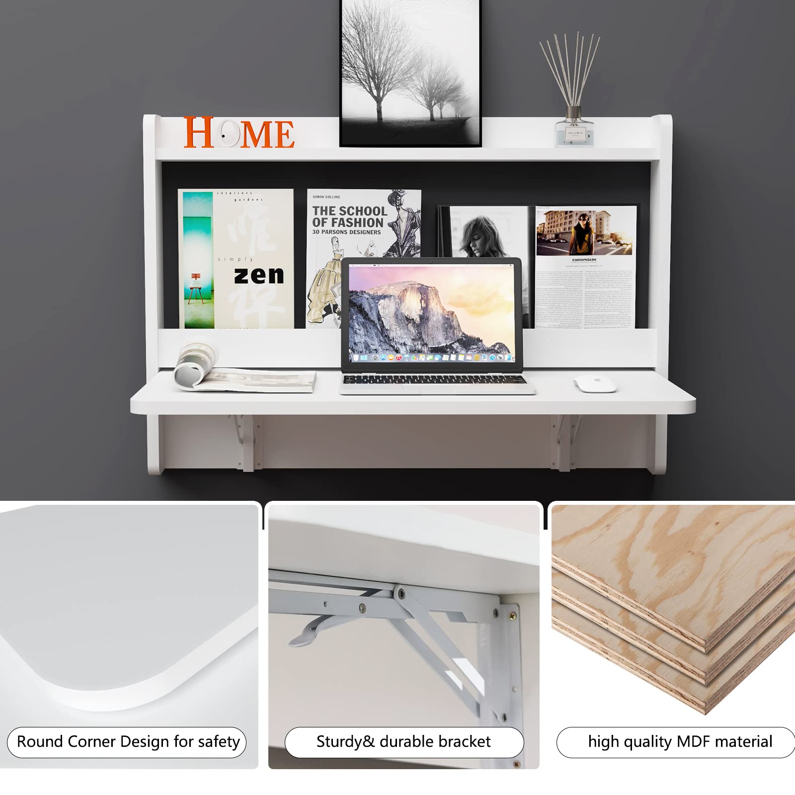 Wall Mounted Folding Desk with Top Storage Shelves