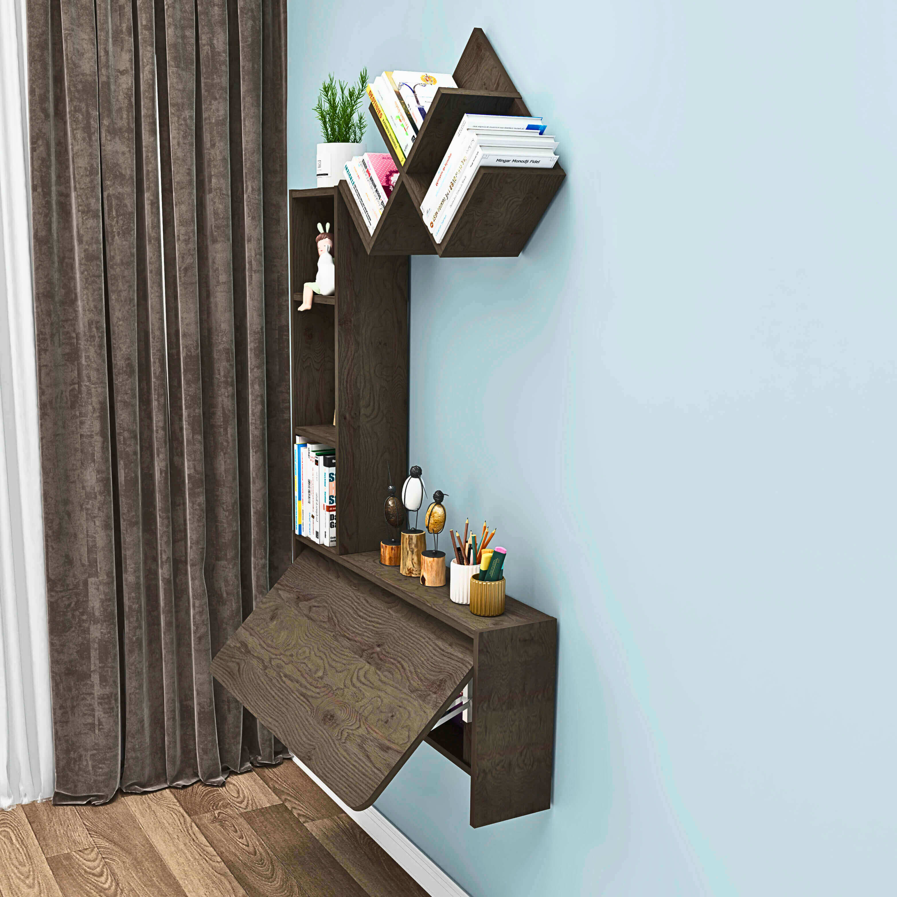 Grey Wall Mounted Fold Down Desk with Free Matching Shelves