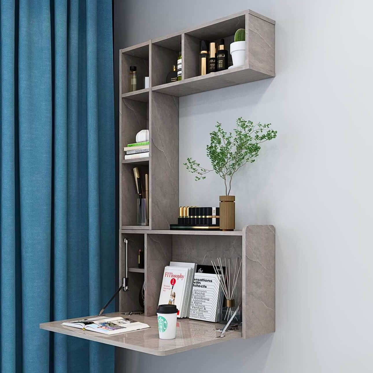 Plywood Wall Mounted Fold Down Desk with Large Storage Shelf #color_pietra grey