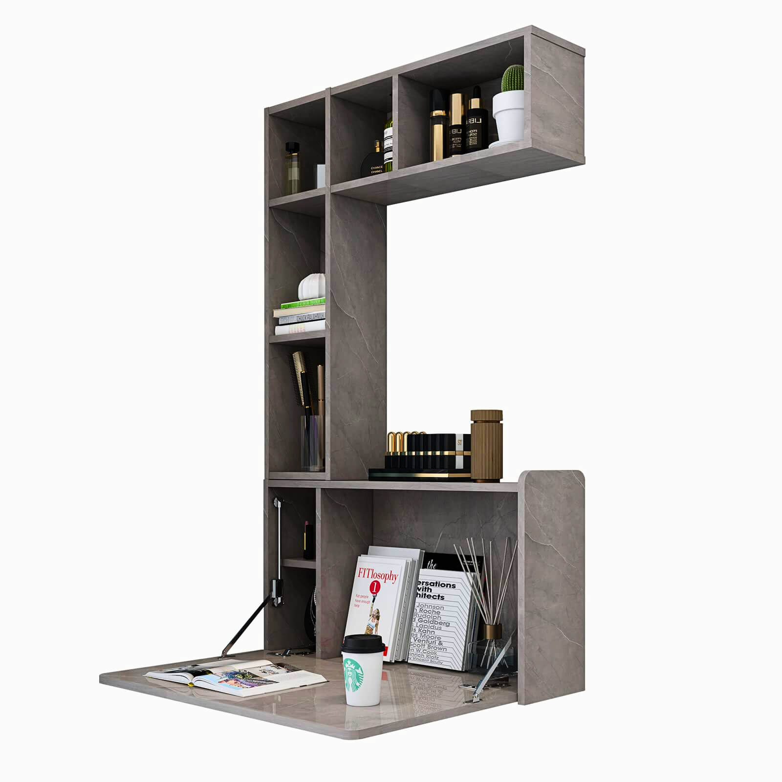 Plywood Wall Mounted Fold Down Desk with Large Storage Shelf #color_pietra grey