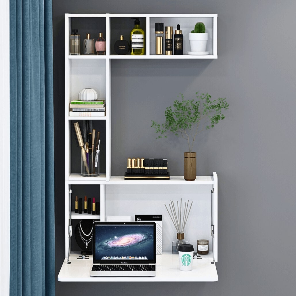 Wall Mounted Floating Storage Box Shelves with Folding Laptop Wall Desk #color_white