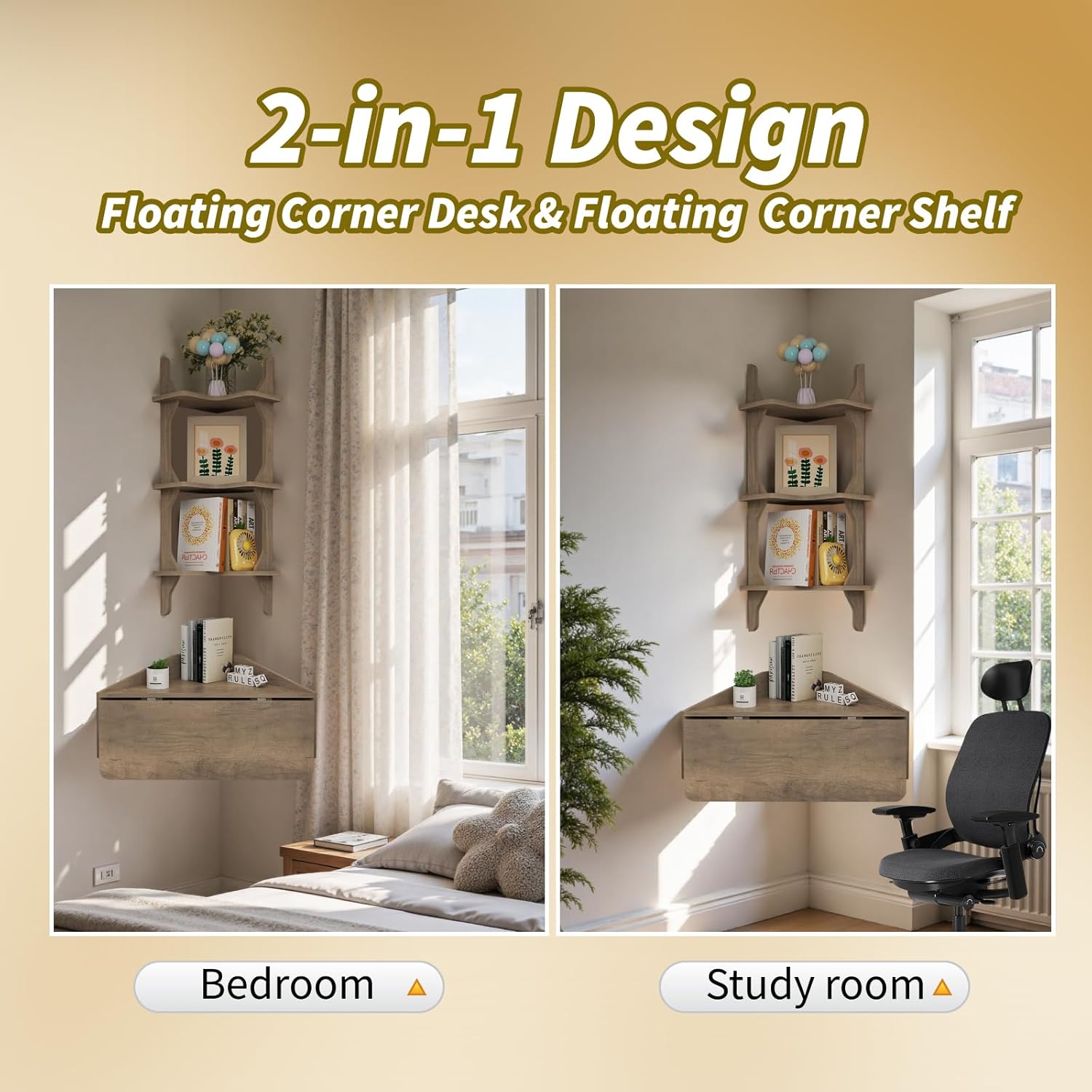 Folding Corner Wall Desk with Storage Shelves