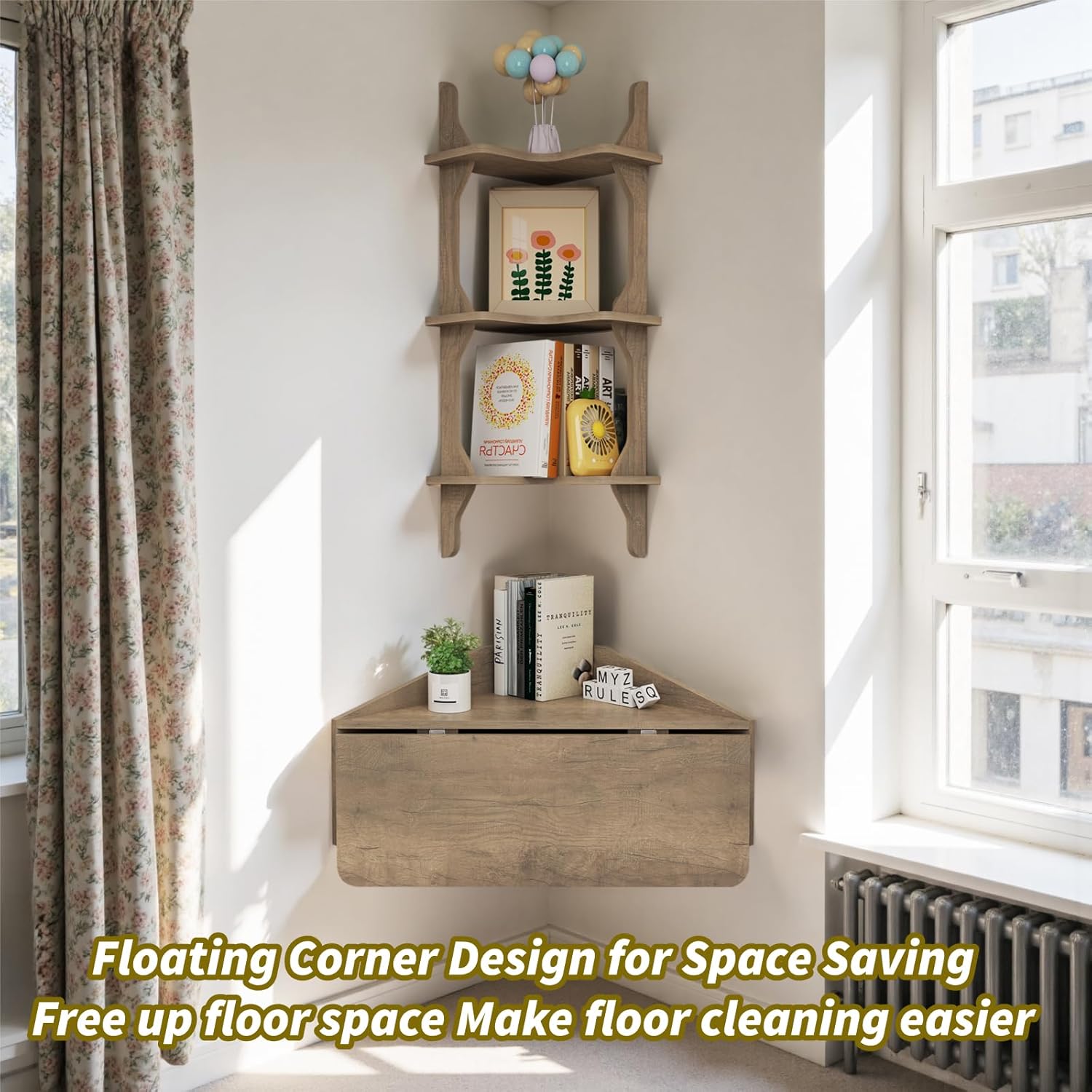 Folding Corner Wall Desk with Storage Shelves